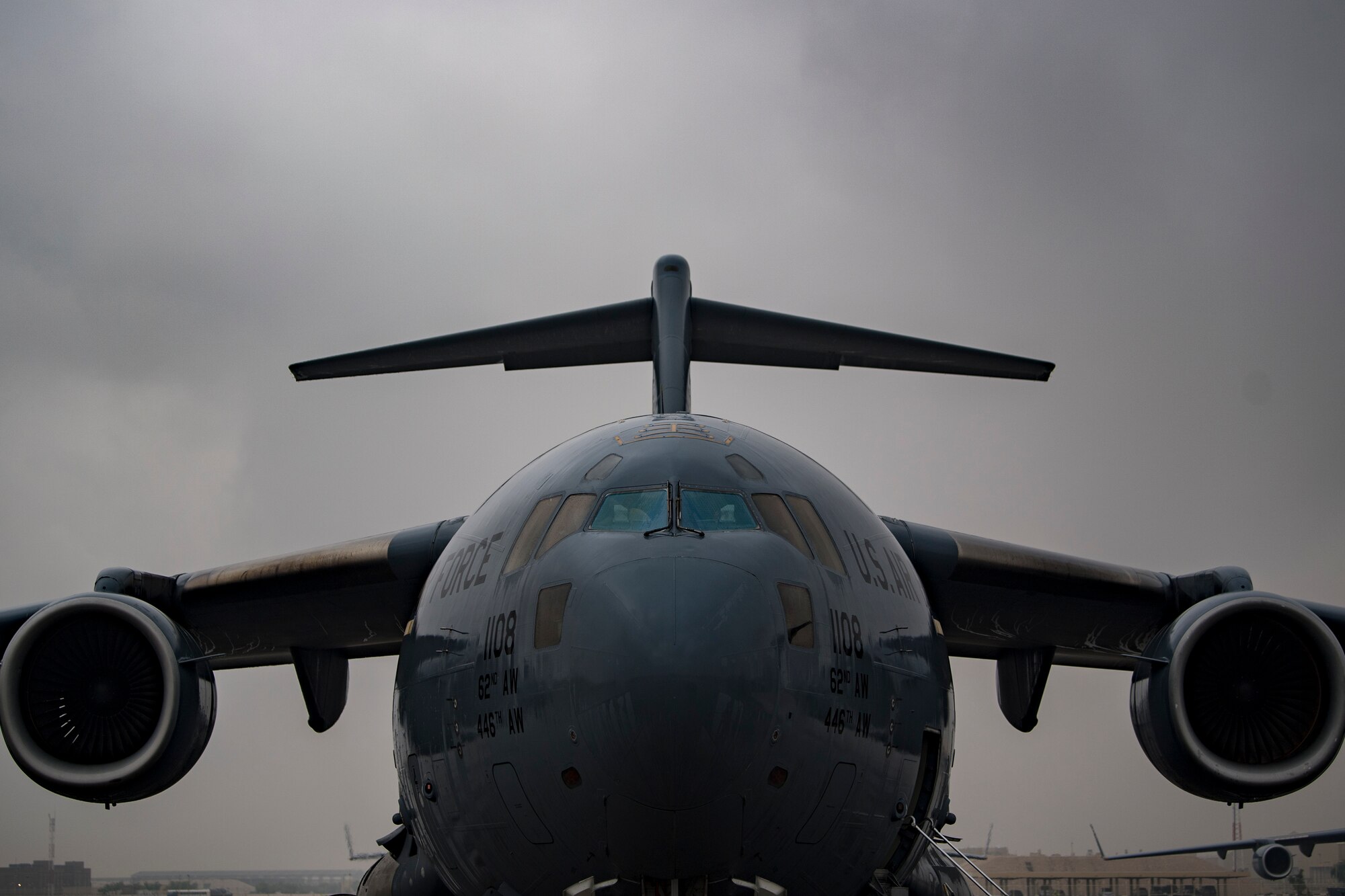 U.S. Air Force aircrew members assigned to the 816th Expeditionary Airlift Squadron conduct preflight checks of a U.S. Air Force C-17 Globemaster III at Al Udeid Air Base, Qatar, Jan. 10, 2020.