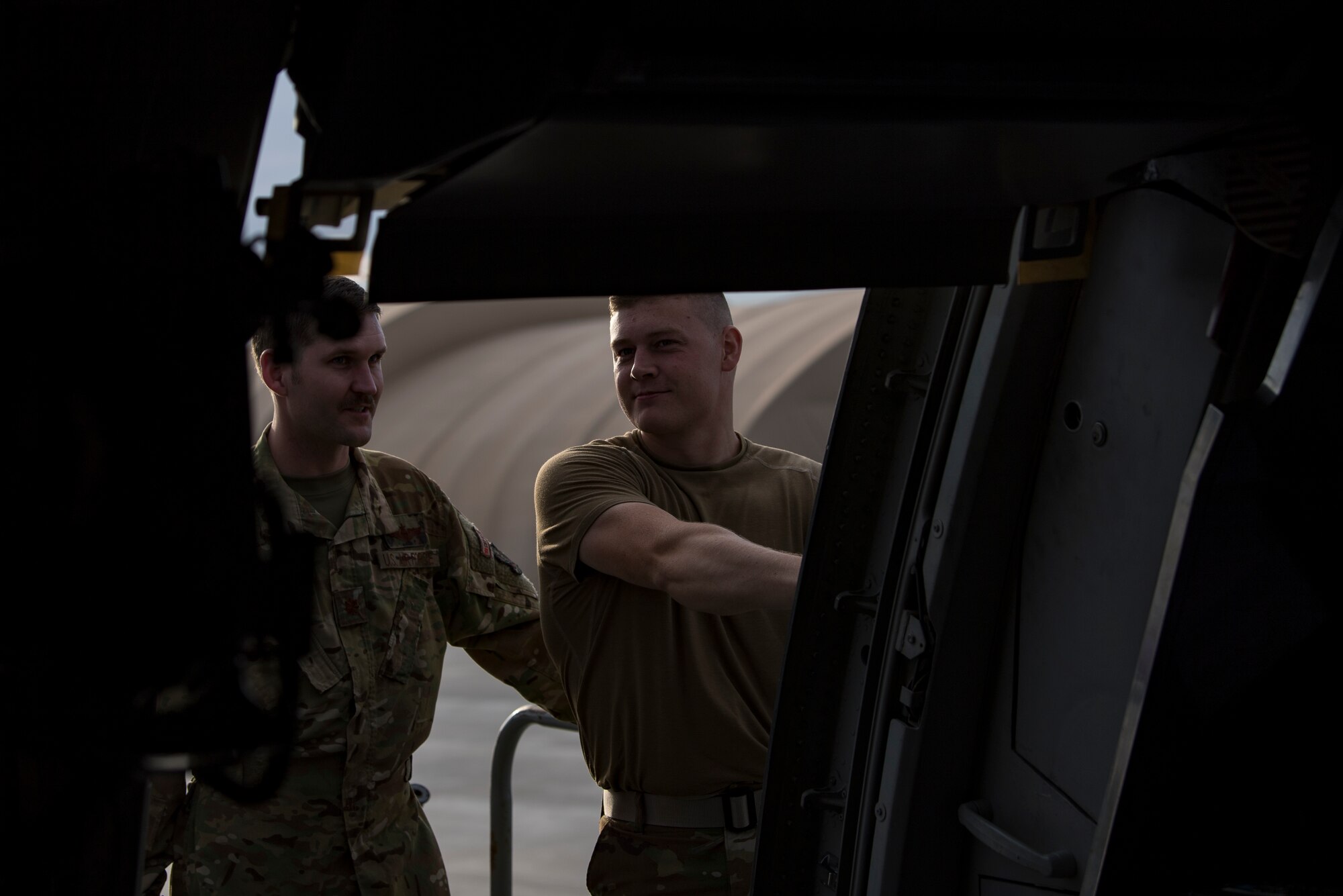 U.S. Air Force KC-10 Extender aircrew members assigned to the 908th Expeditionary Air Refueling Squadron conduct preflight checks at Al Dhafra Air Base, United Arab Emirates, Jan. 11, 2020.
