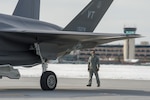 A crew chief assigned to the 158th Maintenance Group prepares an F-35 for departure to Eglin Air Force Base, Florida, from the Vermont Air National Guard Base, South Burlington, Vt., Jan. 23, 2020, for Southern Lightning training. More than 100 Airmen will fly and maintain F-35 operations at Eglin.