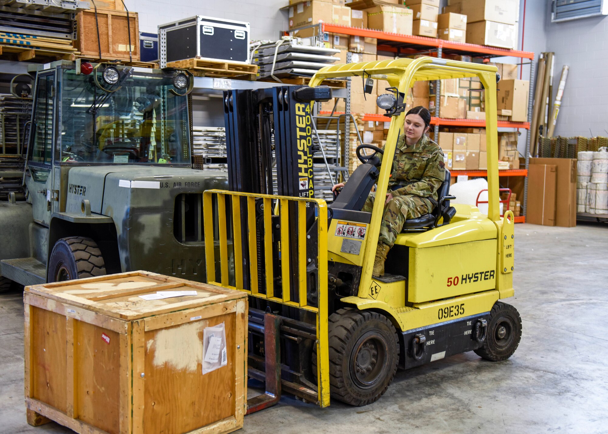 U.S. Air Force Staff Sgt. Raven Driftmyer, a traffic management specialist assigned to the Ohio Air National Guard’s 180th Fighter Wing, uses a forklift to move a crate in the receiving warehouse at the Toledo Air National Guard Base, Ohio, Jan. 12, 2020. The Traffic Management Office is responsible for processing and managing moving cargo, shipments and Airmen around the world, as well as receiving supplies for the base, ensuring the Air Force can fulfill its mission anywhere in the world. (U.S. Air National Guard Photo by Senior Airman Kregg York)
