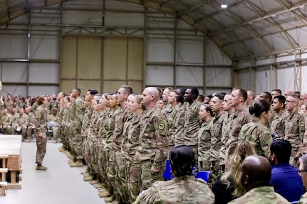 U.S. Army Spc. Emilee Austin, 1-150th Cavalry Regiment, West Virginia National Guard, 30th Armored Brigade Combat Team, leads Basic Leader Course 20-703 in the reciting of the noncommissioned officer's creed at their graduation ceremony in the Middle East, Jan. 24, 2020. Austin was the honor graduate from her class of over 200 students.