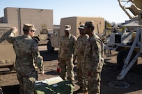 Army 1st Lt. Connor Sullivan, assigned to the 63rd Expeditionary Signal Battalion, gives instructions to Sgt. 1st Class Roderick Thompson, Sgt. Neil Edmund, Spc. Jordan Willoughby, and Spc. Jordan Gomes for Exercise Sudden Response (SR) 20.