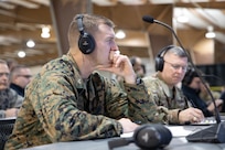 Joint Task Force Civil Support (JTF-CS) Chief of Staff Marine Col. Tim Powledge and Commander, JTF-CS U.S. Army Maj. Gen. William “Bill” Hall listen to the N+2 hour brief as part of Exercise Sudden Response (SR) 20.