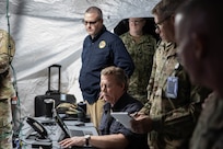 Tony Kelly, assigned to Joint Task Force Civil Support (JTF-CS) operations directorate, briefs early entry command post members as part of Exercise Sudden Response (SR) 20.