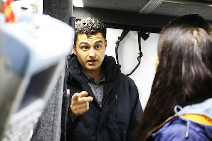 Tech Sgt. Ian Crocker, information systems analyst with the 10th Civil Support Team, Washington National Guard, briefs visitors on the capabilities of the CST's communications truck during the AT&T FirstNet Disaster Recovery Showcase at the State Capitol in Olympia, Wash., Jan. 22, 2020. The display showcased network and communications equipment that would be utilized during and after a disaster.