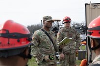 3rd Platoon 68th Engineer Construction Company  Battalion Commander 1st Lt. Omotoyosi Oyedeji briefs troops in preparation for a simulated urban rescue at Guvalle Water Treatment Plant, Austin, Texas, as part of Exercise Sudden Response (SR) 20.