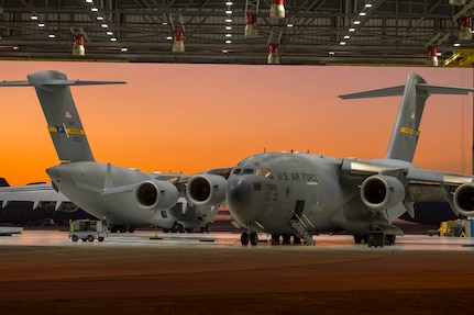 Two C-17 Globemasters wait in the Home Station Check hanger for a 180 day inspection Oct. 21, 2019, at Joint Base Charleston, S.C.