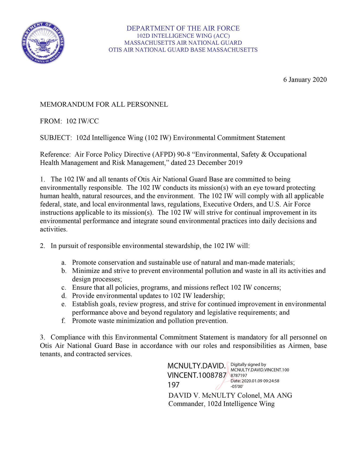 Memorandum from the 102nd Intelligence Wing Commander outlining the wing's commitment to the environment.