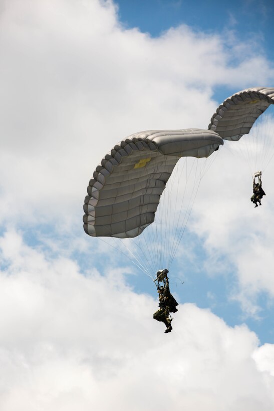 U.S. and Colombian paratroopers train together in Colombia.