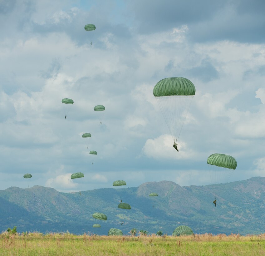 U.S. and Colombian paratroopers train together in Colombia.