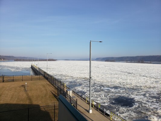 Ice dams form on the Upper Mississippi River near Lock and Dam 6, near Trempealeau, Wisconsin.