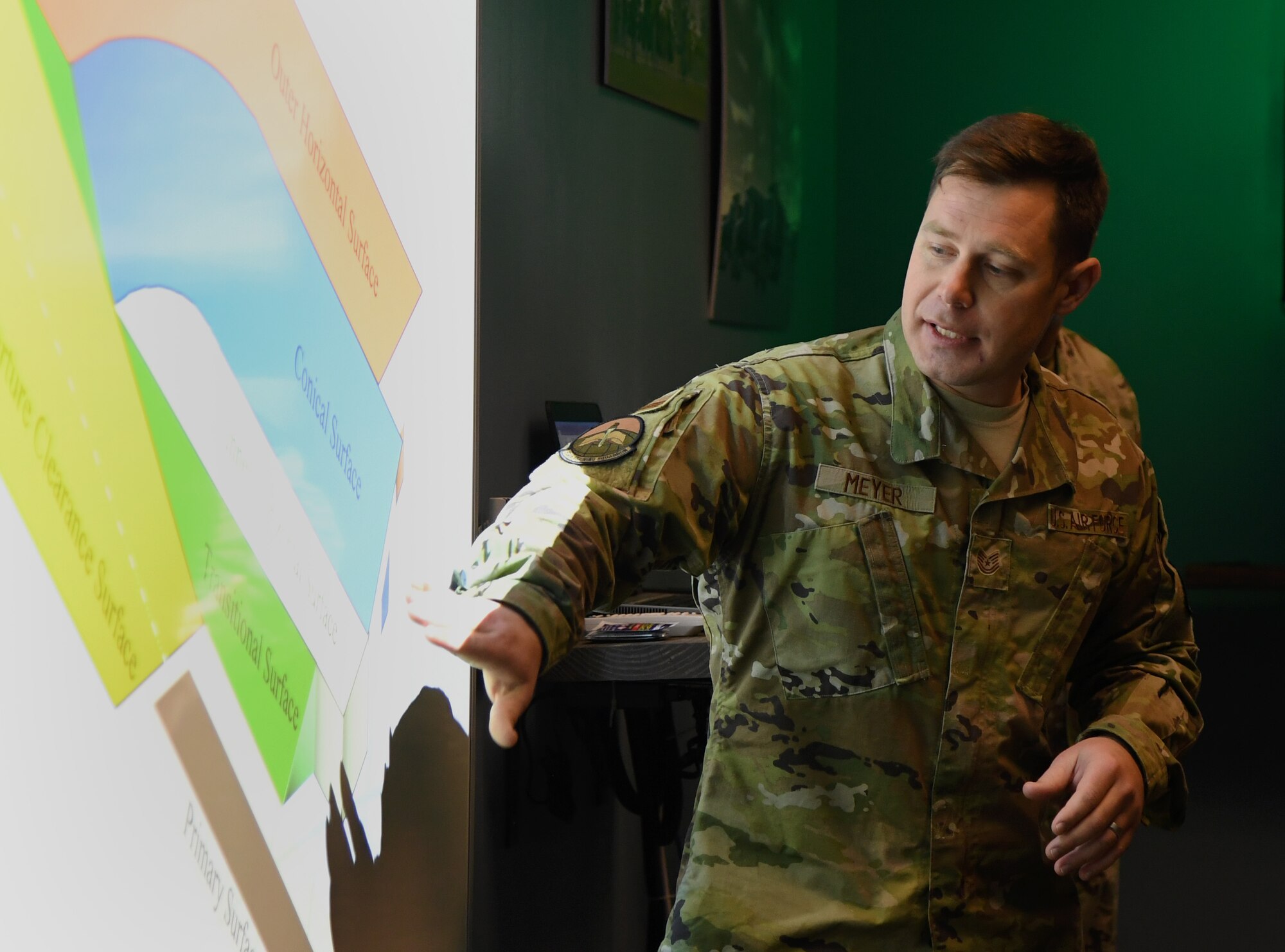 U.S. Air Force Tech. Sgt. Andrew Meyer, 334th Training Squadron instructor, briefs about imaginary surfaces during the airspace sustainability tour inside Cody Hall at Keesler Air Force Base, Mississippi, Jan. 23, 2020. Keesler hosted the community engagement for civic leaders to discuss Keesler's flying mission requirements in order to create processes which inform key decision makers regarding local development, and to ensure compatible economic growth for the surrounding communities. (U.S. Air Force photo by Kemberly Groue)