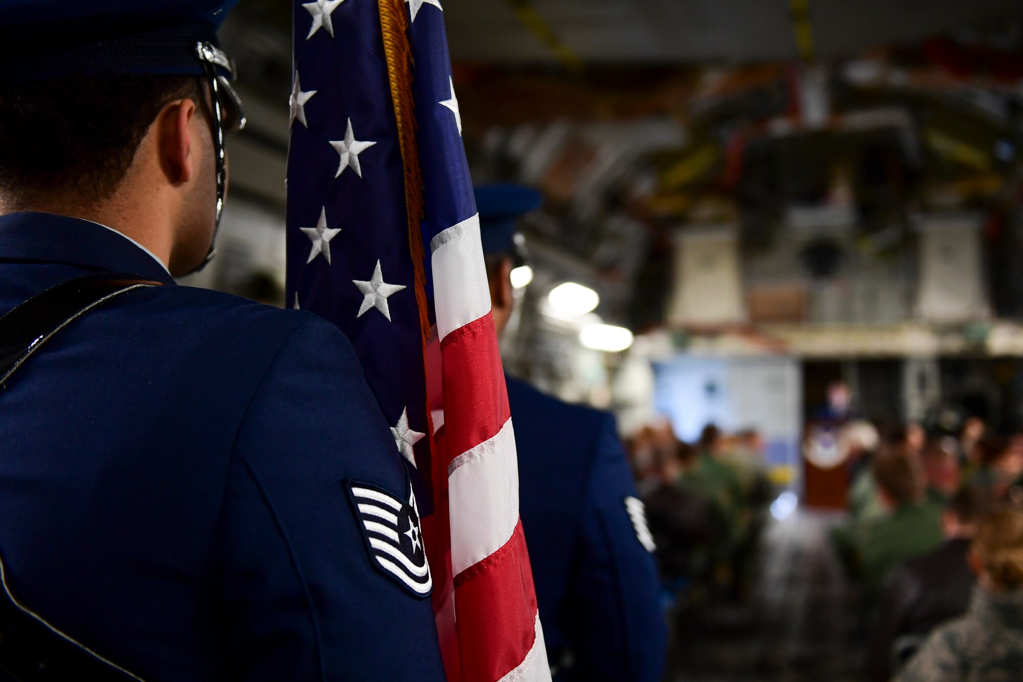 Tech Sgt. Deven Tyler, 911th Airlift Wing Honor Guard ceremonial guardsman, prepares to perform duties at a chief induction ceremony at the Pittsburgh International Airport Air Reserve Station, Pennsylvania, Jan. 12, 2020.