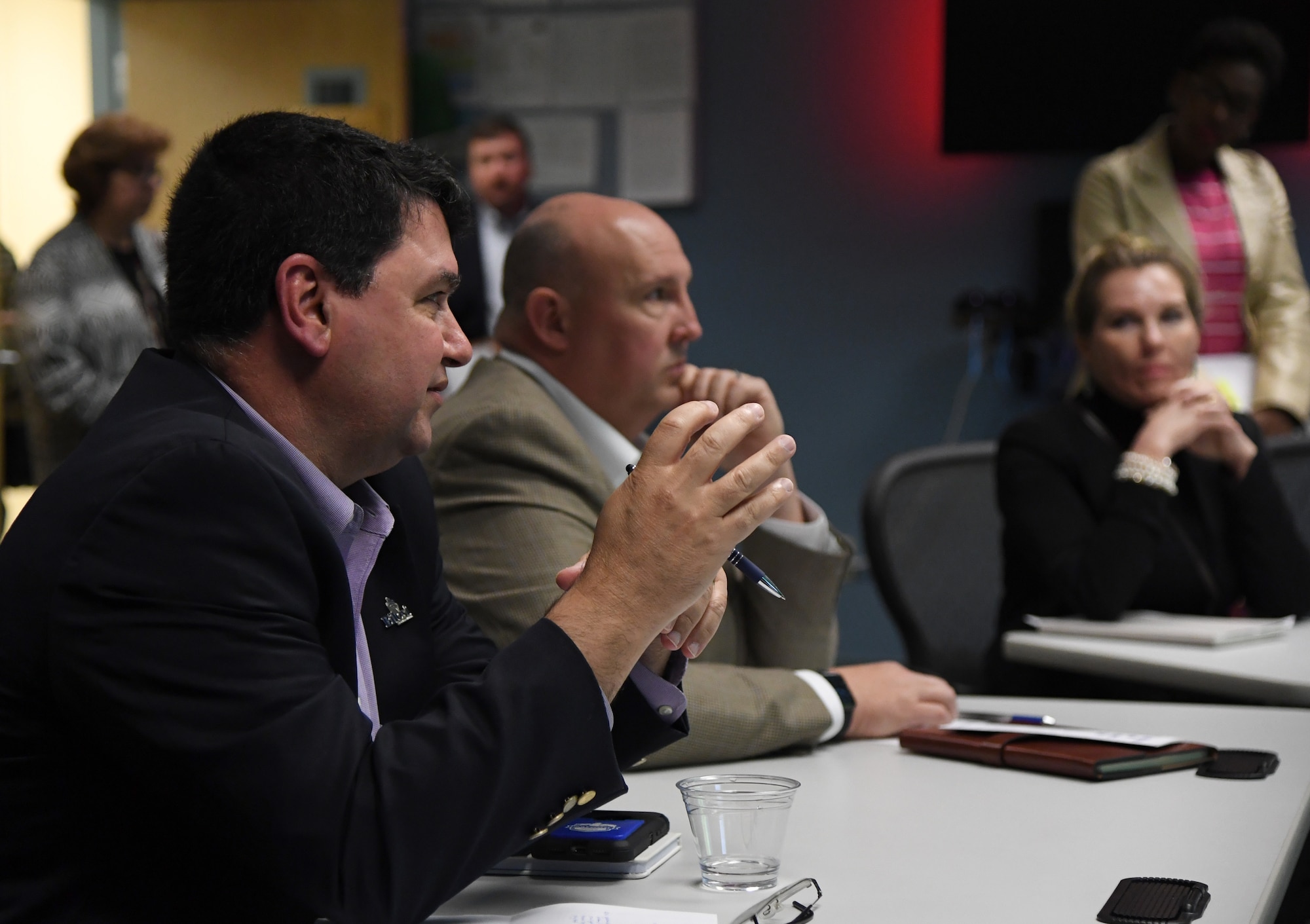 Peter Abide, Biloxi, Mississippi, city attorney, asks questions during a brief on imaginary surfaces during the airspace sustainability tour inside Cody Hall at Keesler Air Force Base, Mississippi, Jan. 23, 2019. Keesler hosted the community engagement for civic leaders to discuss Keesler's flying mission requirements in order to create processes which informs key decision makers regarding local development and to ensure compatible economic growth for the surrounding communities. (U.S. Air Force photo by Kemberly Groue)