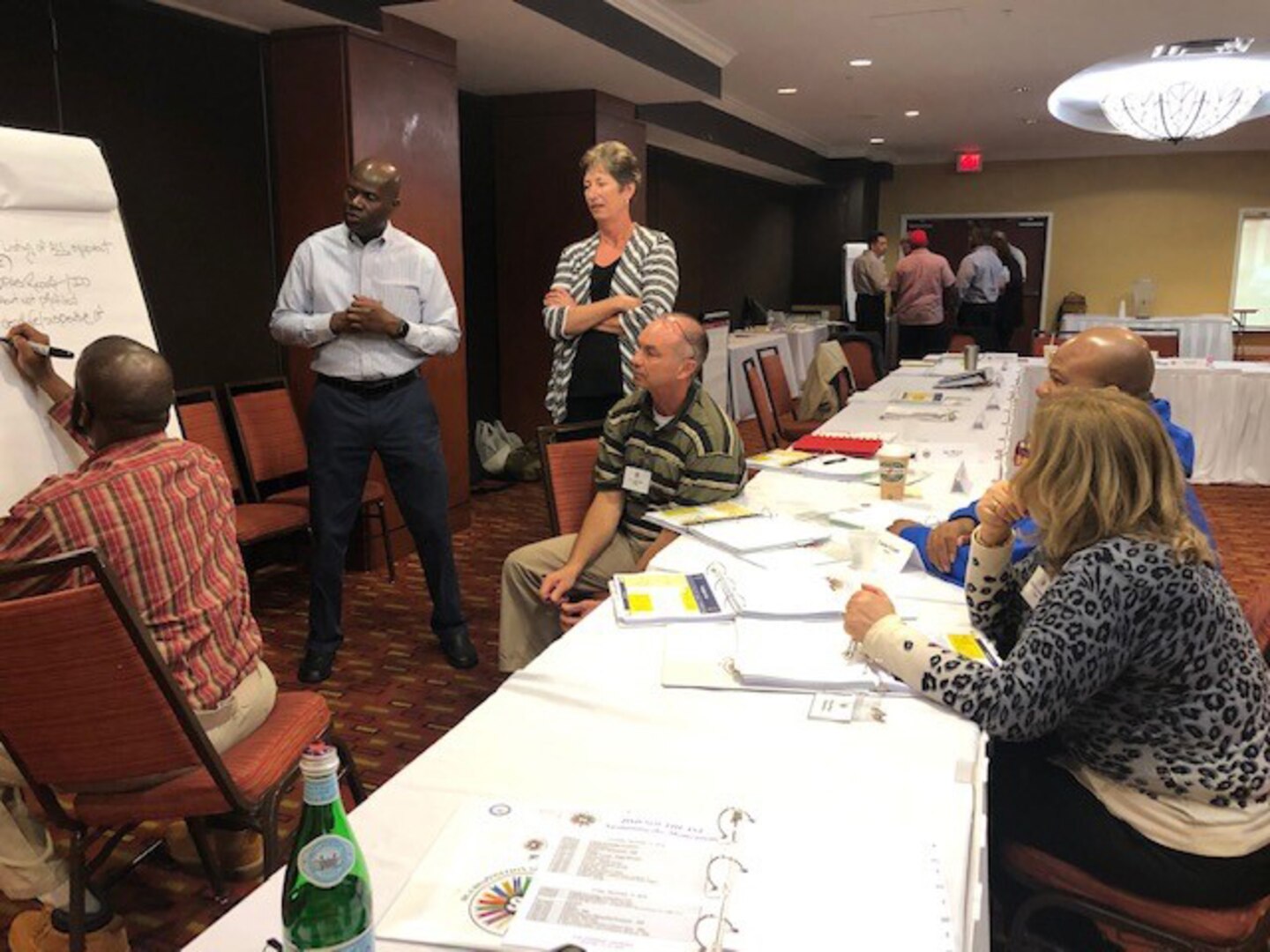 A team of attendees work together on the 2020 Dynamic Operating Plan. Pictured in this group, from left to right, are Area Managers Terry Harrington and Reggie McFadden, South- East Deputy Director Audrey Weber and South-East Operations Program Manager Terry Surdyke, Warner-Robins Operations Chief Willie Mitchell and Eglin Site Chief Barbara DeNamur.