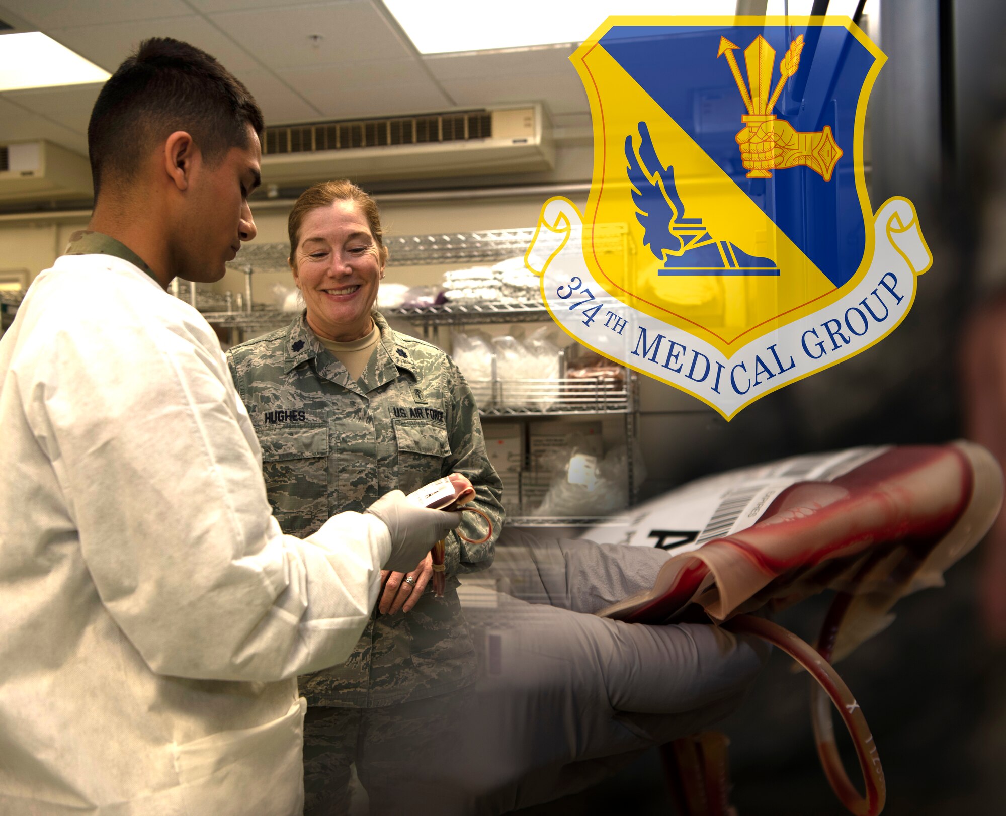 Lt. Col. Jessica Hughes, Air Force Blood Program officer, teaches Airman 1st Class Julian Manon, 374th Medical Support Squadron medical laboratory apprentice, how to read the full label on a unit of blood at Yokota Air Base, Japan, Jan. 24, 2020, in preparation for an upcoming inspection. The Transfusion Services department of the 374th Medical Group must adhere to all Food and Drug Administration quality standards. (U.S. Air Force photo illustration by Staff Sgt. Taylor A. Workman)
