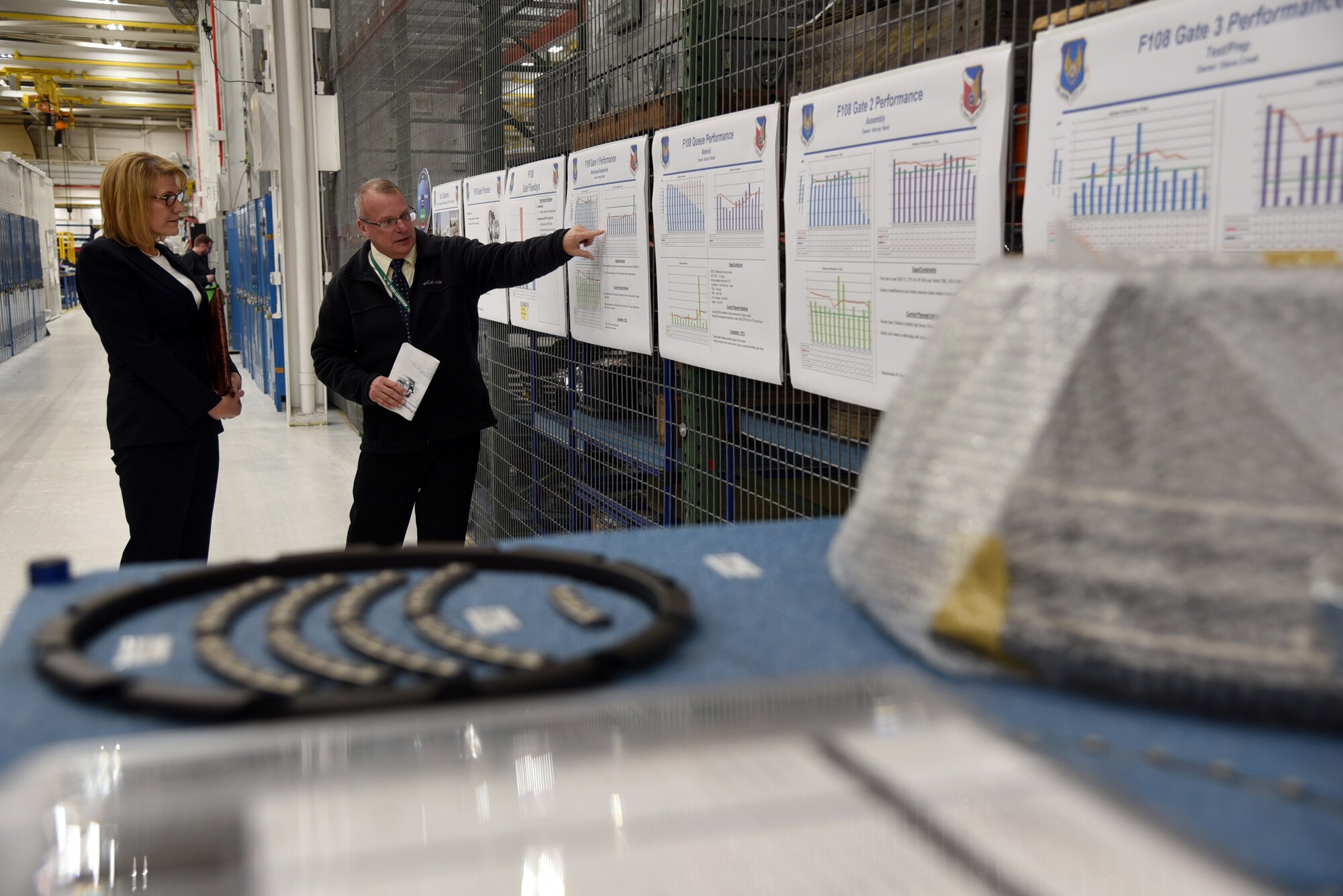 John Wood, 546th Propulsion Maintenance Group civilian lead, provided an overview of the F108 Production Machine during an immersion tour of the Oklahoma City Air Logistics Complex for Angela Tymofichuk, deputy assistant Secretary of the Air Force for logistics and support. Tymofichuk visited Tinker Dec. 16-19, meeting with members of Team Tinker who highlighted their areas, focusing on growth opportunities and future strategies for success. (U.S. Air Force photo/Kelly White)