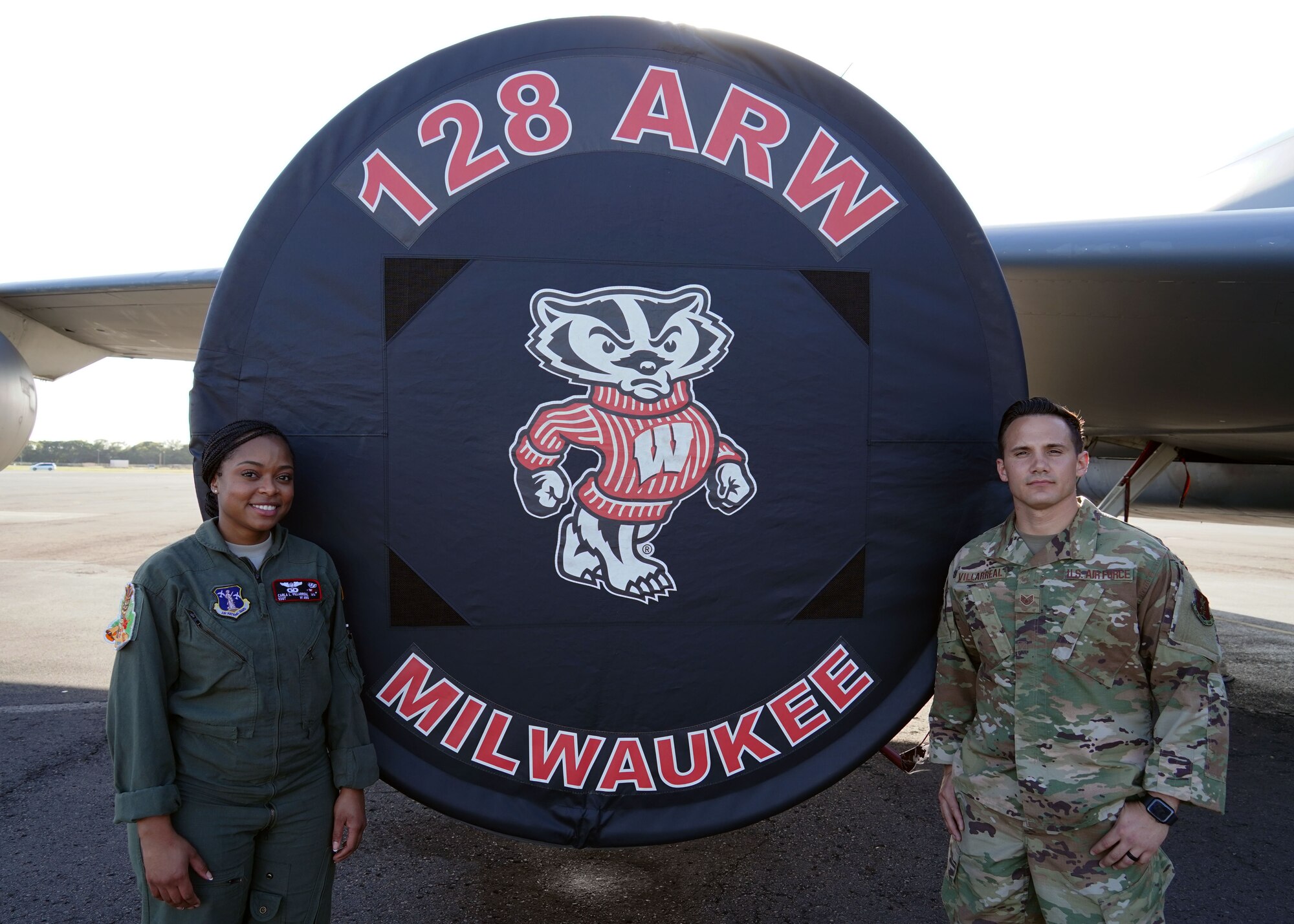 Tech Sgt. Carla Villarreal, a 126 Wisconsin Air National Guard In-Flight Refueling Specialist, and Staff Sgt. Corey Villarreal, a 128 WIANG maintenance squadron Aircraft Maintainer, stand beside an aircraft from their base in Wisconsin on Joint Base Pearl Harbor-Hickam, Hawaii, Jan. 23, 2020. They participated in Exercise Sentry Aloha is a combat scenarios that has happened annually on base for the last 20 years. (U.S. Air Force photo by Airman 1st Class Erin Baxter)