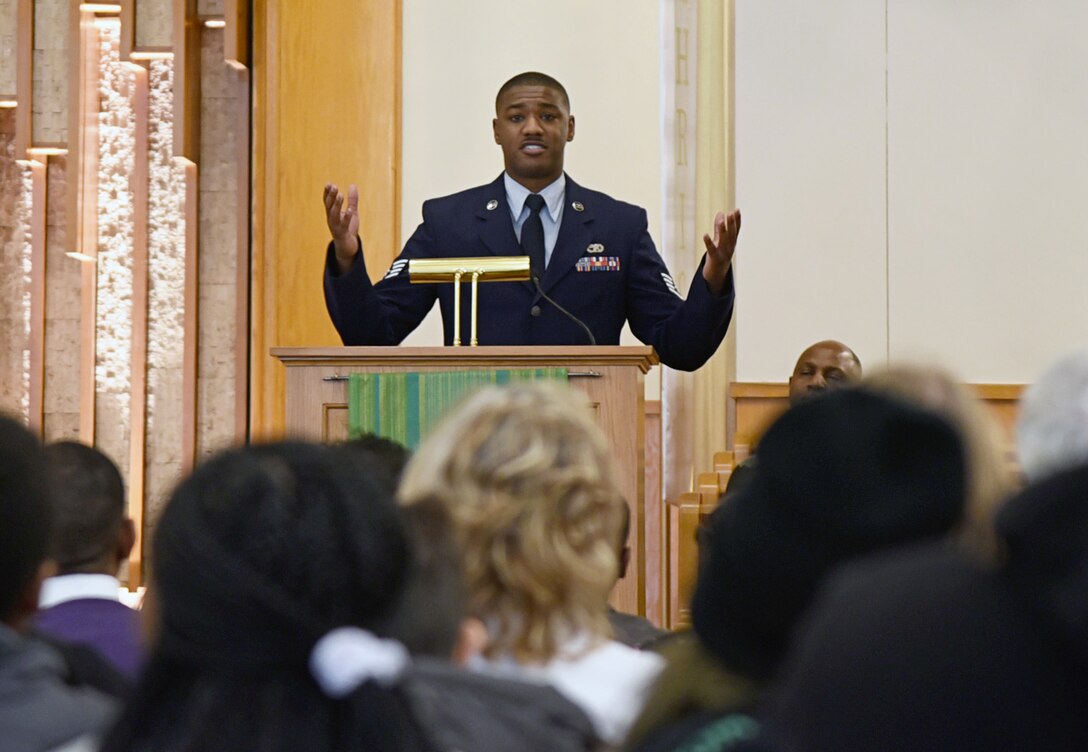Staff Sgt. Justin Brothers, with the 507th Logistics Readiness Squadron, performed two original poetry readings, “Thank You” and “How” during the Dr. Martin Luther King, Jr. Celebration at the Tinker Chapel Jan. 16. As a symbol for justice and racial equality, Dr. Martin Luther King, Jr. Day is observed as a federal holiday the third Monday of January each year. (U.S. Air Force photo/Kelly White)