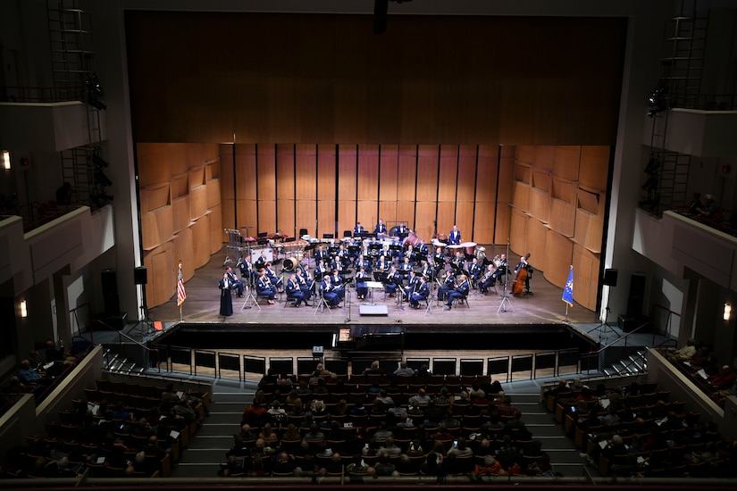 The U.S. Air Force Concert Band performs during their Guest Concert Series at the Rachel M. Schlesinger Concert Hall and Arts Center in Alexandria, Va., Jan. 23, 2020. The band performed all the United States military service songs. (U.S. Air Force photo by Airman 1st Class Spencer Slocum)