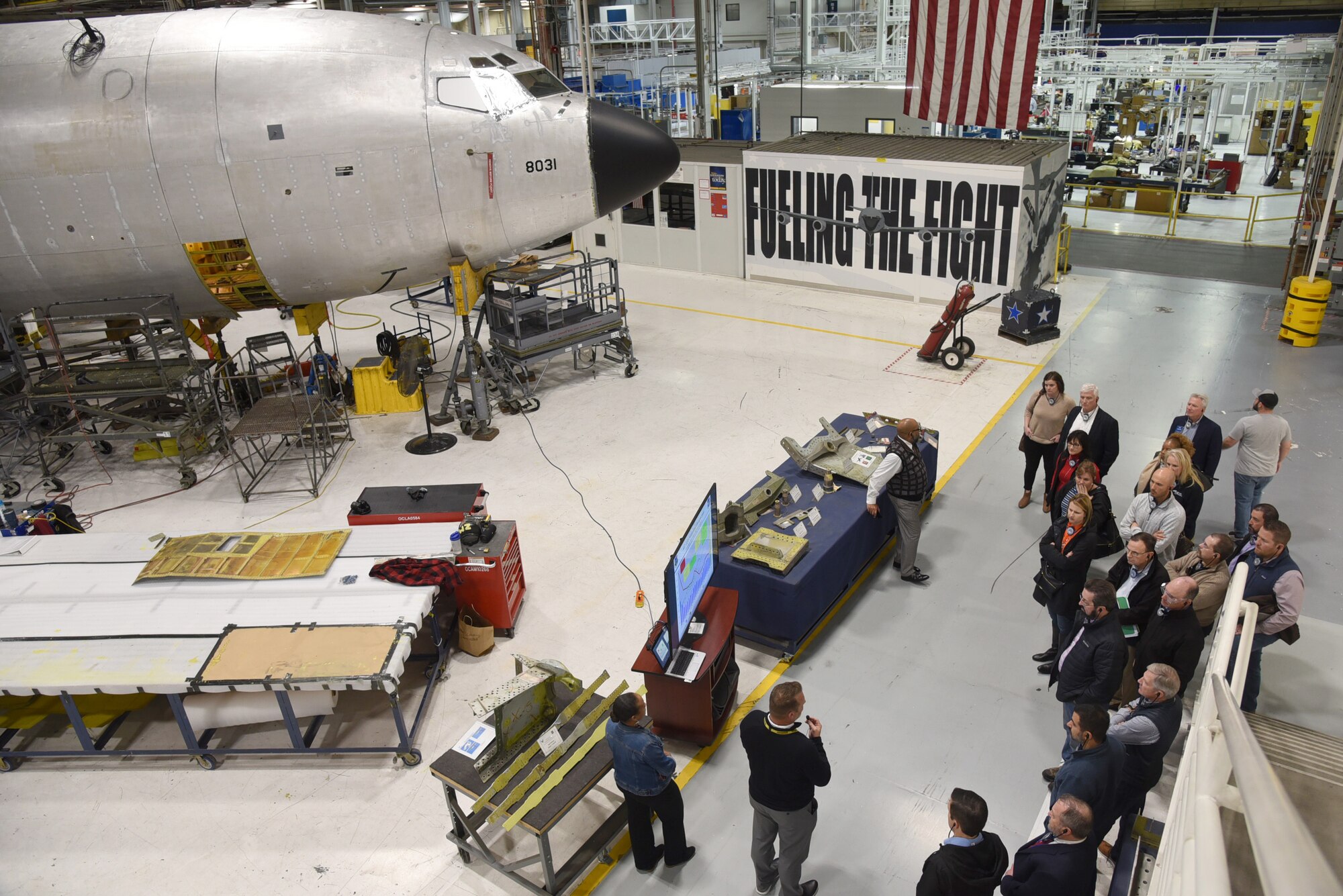 Members of Leadership Oklahoma, a statewide leadership program, received an integrated tour of Tinker Jan. 9. They were able to learn about the Navy's TACAMO mission and receive a tour of an E-6B Mercury, hear about new and ongoing innovations in the 76th Software Engineering Group and R.E.A.C.T. Lab, learn about programmed depot maintenance on the KC-135 line (shown here) and see an E-3 Sentry airborne warning and control system aircraft and hear about the 552nd Air Control Wing's mission. (U.S. Air Force photo/Kelly White