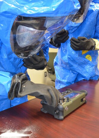 Airman 1st Class Syndi Breitenbach, 9th Aerospace Medicine Squadron Bioenvironmental technician (left), and 2nd Lt. Rebecca Smith, 9th Aerospace Medicine Squadron Deputy Flight Commander of Bioenvironmental Engineering, conduct HazMat ID training Jan. 24, 2020 at Beale Air Force Base, California. (Courtesy U.S. Air Force photo by Capt. Jenell Brown)