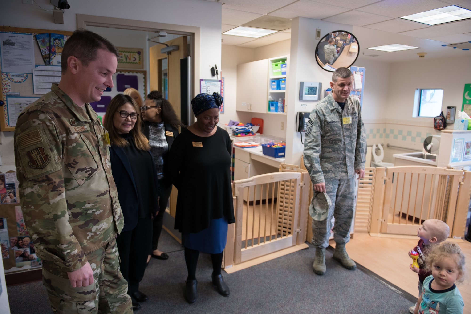Photos of U.S. Air Force Col. Jeffrey Nelson and Command Chief Master Sgt. Derek Crowder visiting 60th Force Support Squadron services at Travis Air Force, California, Jan. 17, 2020.