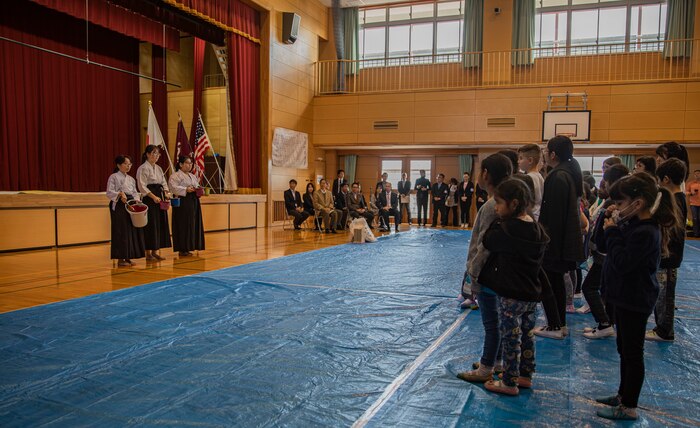 Marine Corps Air Station Iwakuni and Japanese residents, students, and leaders take part in kakizome, at Waki Elementary School, Waki Town, Japan, Jan. 11, 2019. Kakizome is the first calligraphy writing of the year that sets the writers goals for the New Year. (U.S. Marine Corps photo by Lance Cpl. Triton Lai)