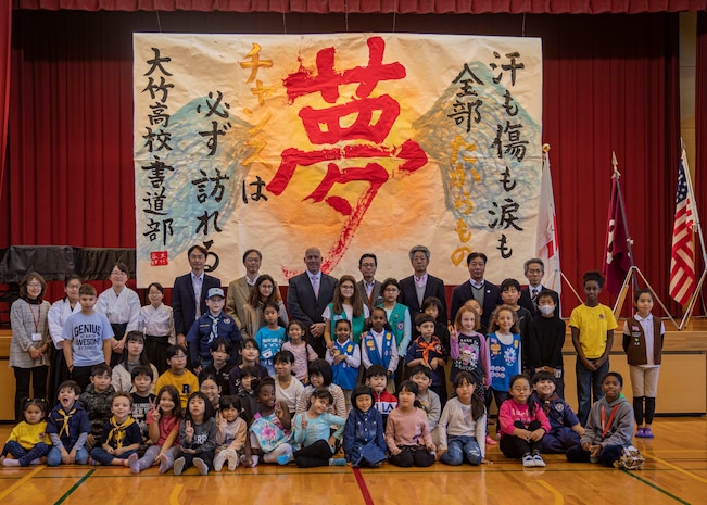Marine Corps Air Station Iwakuni and Japanese residents, students, and leaders take part in kakizome, at Waki Elementary School, Waki Town, Japan, Jan. 11, 2019. Kakizome is the first calligraphy writing of the year that sets the writers goals for the New Year. (U.S. Marine Corps photo by Lance Cpl. Triton Lai)