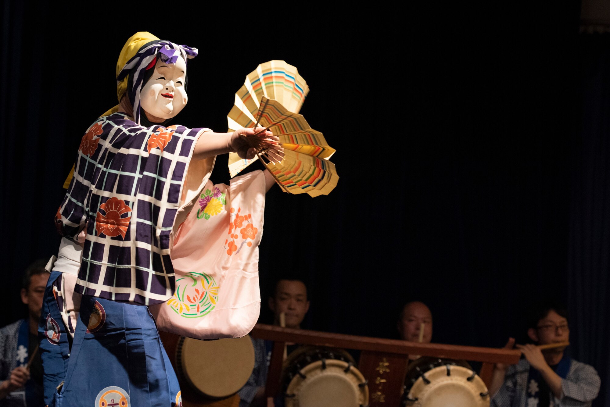 A member of Ome-Honcho Hayashiren performs a Japanese traditional dance to the music of Ohayashi, a group of performers who provide musical accompaniment for traditional Japanese performing arts, during the U.S.-Japan Joint New Year’s Party, Jan. 25, 2020, at Yokota Air Base, Japan.