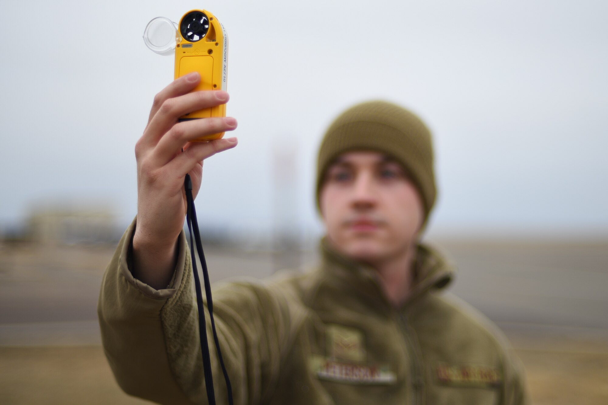 Senior Airman Corbyn Peterson, 341st Operational Support Squadron weather forecaster, uses a Kestrel to make weather observations Jan. 9, 2020, at Malmstrom Air Force Base, Mont.
