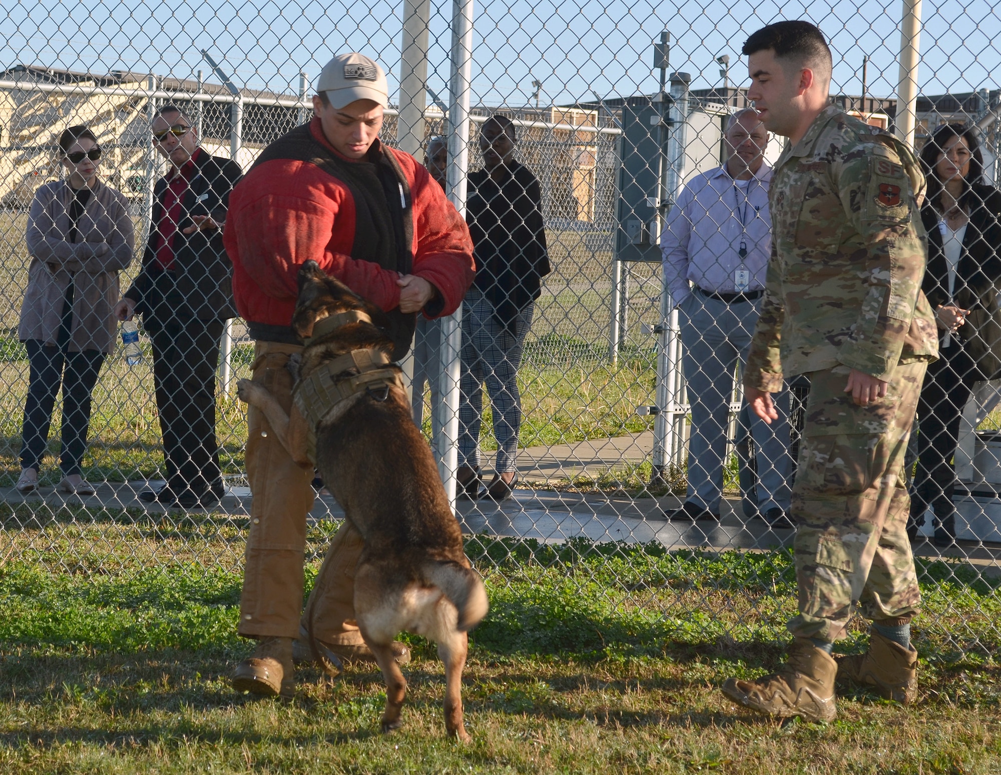 Staff Sgt. Matthew Erfman, 802nd Security Forces Squadron military working dog handler (left) and Staff Sgt. Sean Tucker, 802nd Security Forces Squadron military working dog handler (right) conduct a demonstration with military working dog Tarzan before a group of area school superintendents and administrators at Joint Base San Antonio-Lackland Annex Jan. 23. The group of 15 school superintendents and administrators toured JBSA-Lackland at the invitation of JBSA leaders.