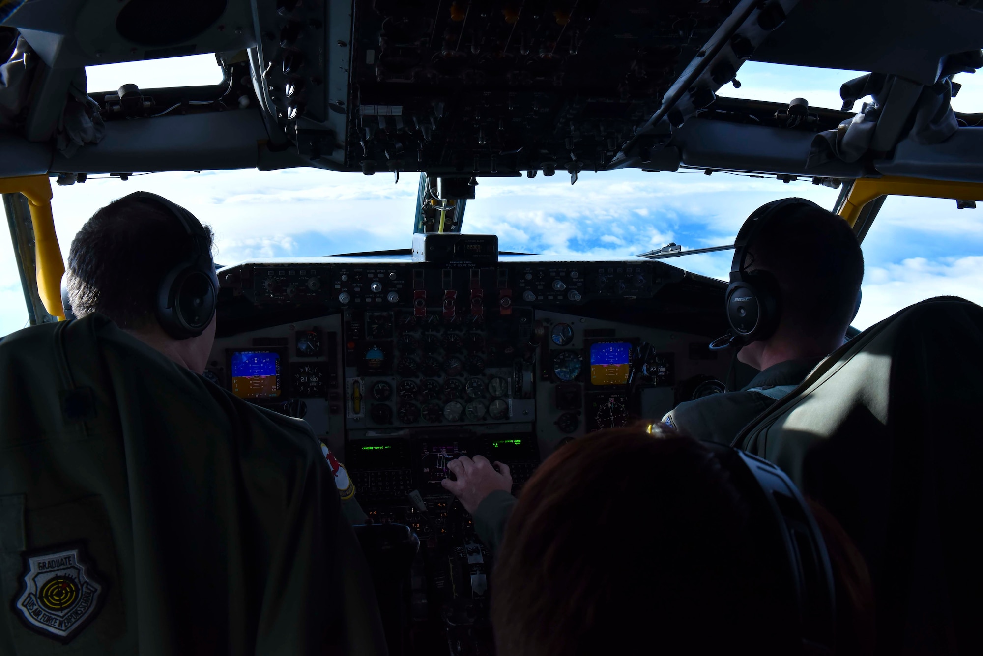 U.S. Air Force Lt. Col. Philippe “Dizzy” Melby, 509th Weapons Squadron commander, and Col. Gene Jacobus, 92nd Air Refueling Wing vice commander, participate in training maneuvers while flying a KC-135 Stratotanker over the Inland Northwest Jan. 22, 2020. Pilots are committed to staying ready for possible deployments by practicing how to react to enemy fire. (U.S. Air Force photo by Airman 1st Class Kiaundra Miller)