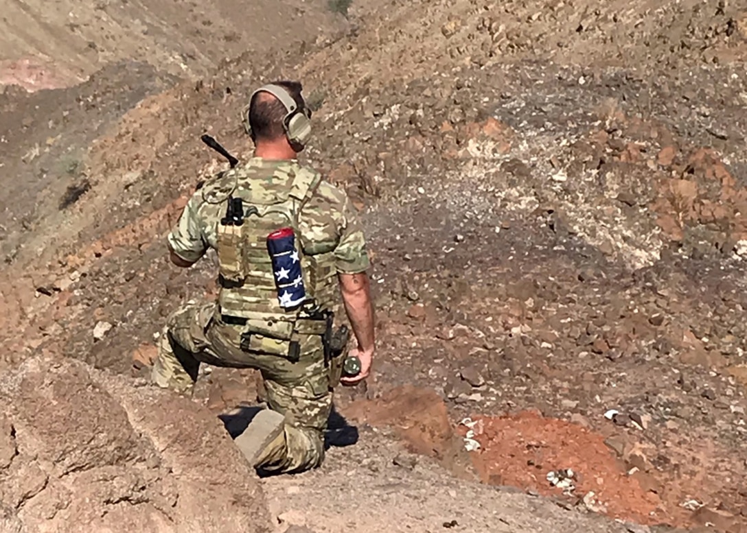 U.S. Air Force Tech. Sgt. Bill Reed, 82nd Expeditionary Rescue Squadron Det. 1 Tactical Air Control Party joint terminal attack controller, provides JTAC support, Oct. 29, 2017. While deployed, Reed embeds with ground units to assess the need for and call in air support, if necessary. (Courtesy photo)