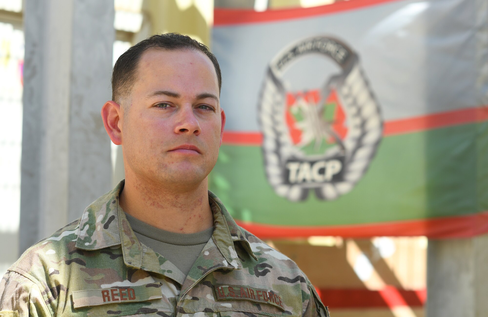 U.S. Air Force Tech. Sgt. Bill Reed, 82nd Expeditionary Rescue Squadron Det. 1 Tactical Air Control Party joint terminal attack controller, poses for a photo at Camp Lemonnier, Djibouti, Nov. 20, 2019. While deployed, Reed embeds with ground units to assess the need for and call in air support, if necessary. (U.S. Air Force photo by Staff Sgt. Alex Fox Echols III)
