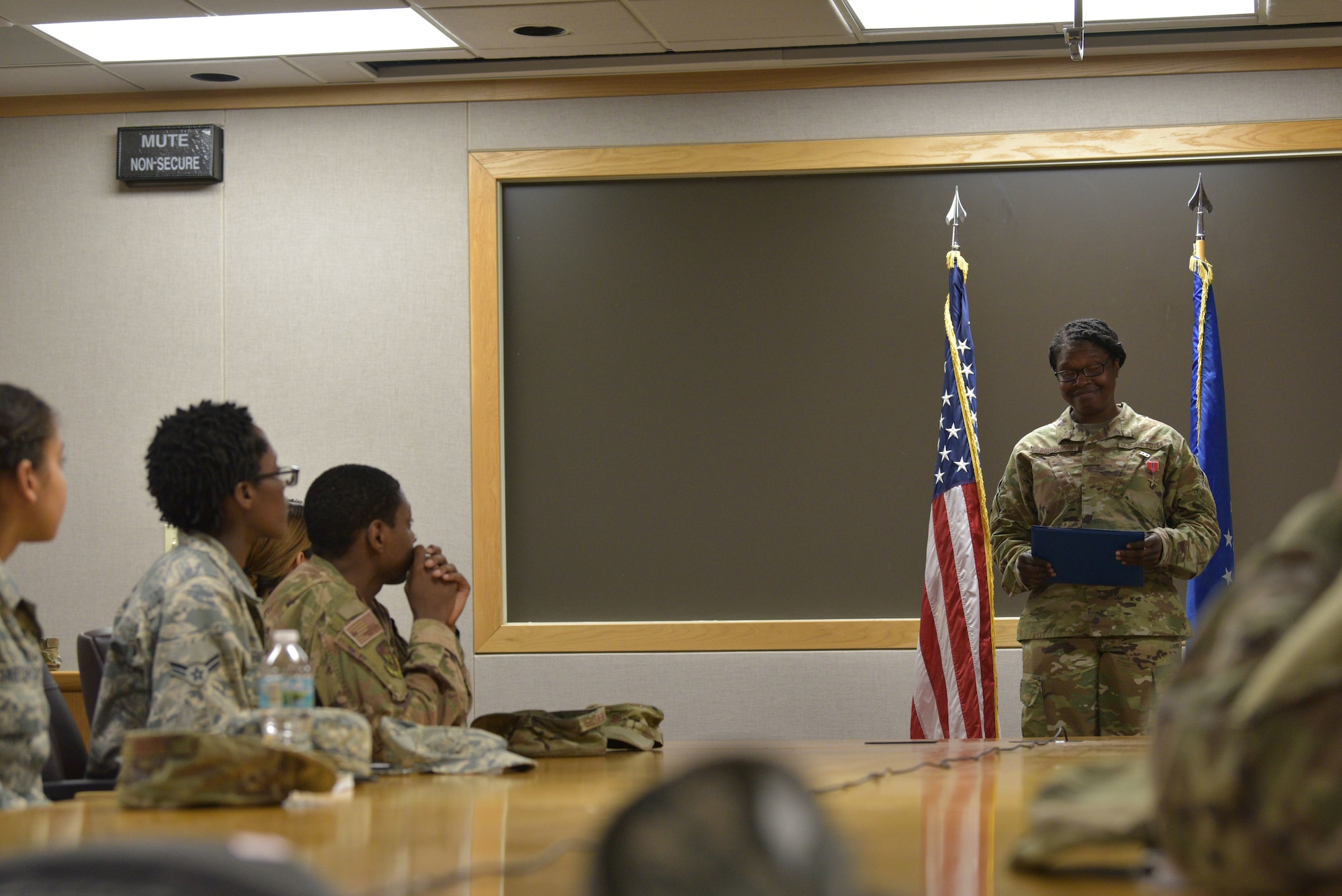 Master Sgt. Racquel Farquharson, 45th Comptroller Squadron financial operations flight chief, recieves a Bronze Star Medal, January 10, 2020, at Patrick Air Force Base, Fla. After recieving the Bronze Star Medal, Farquharson thanked those that have helped her in her career. (U.S. Air Force photo by Senior Airman Dalton Williams)