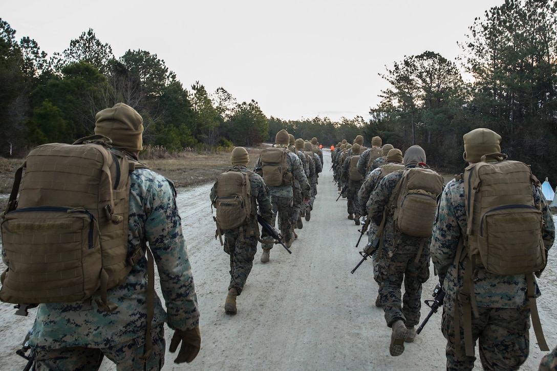 U.S. Marines conduct a six-mile hike during cold weather familiarization training at Camp Lejeune, N.C., Jan. 22.