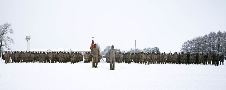 U.S. Marines participate in an opening ceremony with the Soldiers from 5th Brigade, Japan Ground Self-Defense Force, for exercise Northern Viper on Hokudaien Training Area, Hokkaido, Japan, Jan. 26.