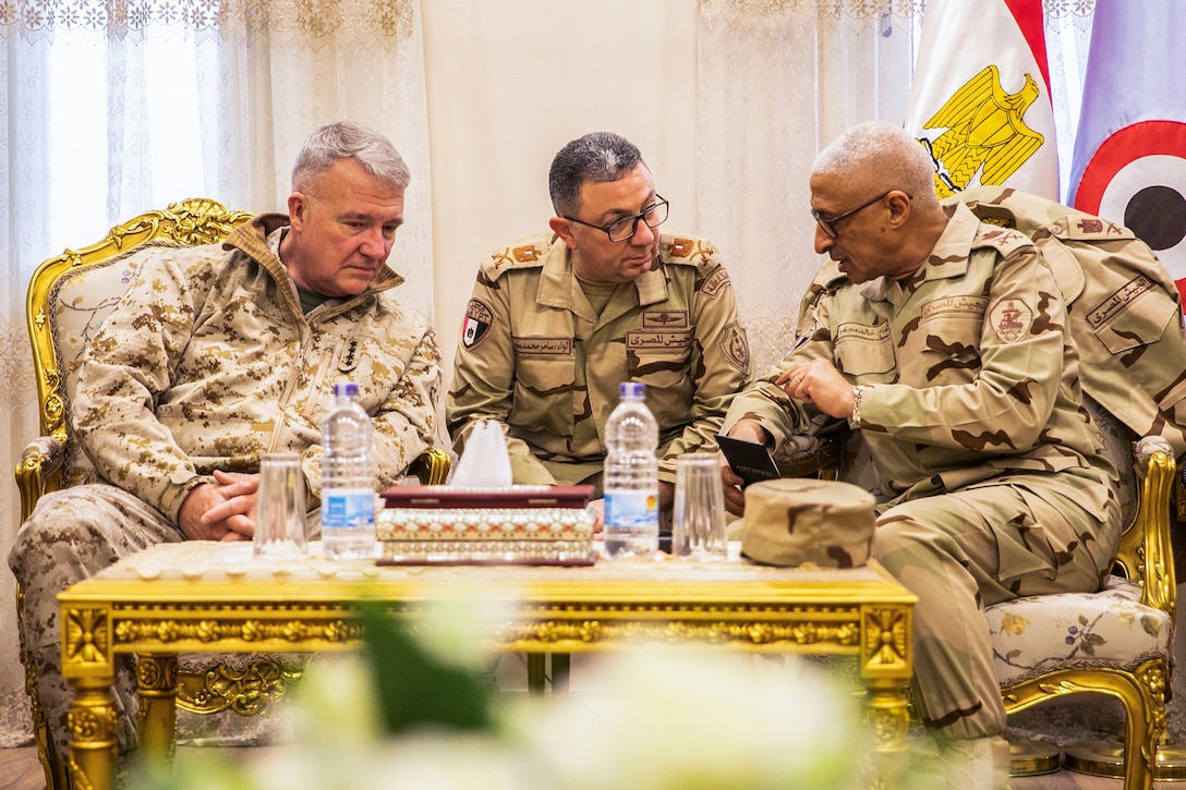 U.S. Marine Corps Gen. Kenneth F. McKenzie Jr., the commander of U.S. Central Command, left, meets with Maj. Gen. Khaled Megawer, the director of Egypt’s military intelligence service, right, prior to visiting Forward Operating Base North, Egypt, Jan. 26, 2020. (U.S. Marine Corps photo by Sgt. Roderick Jacquote)
