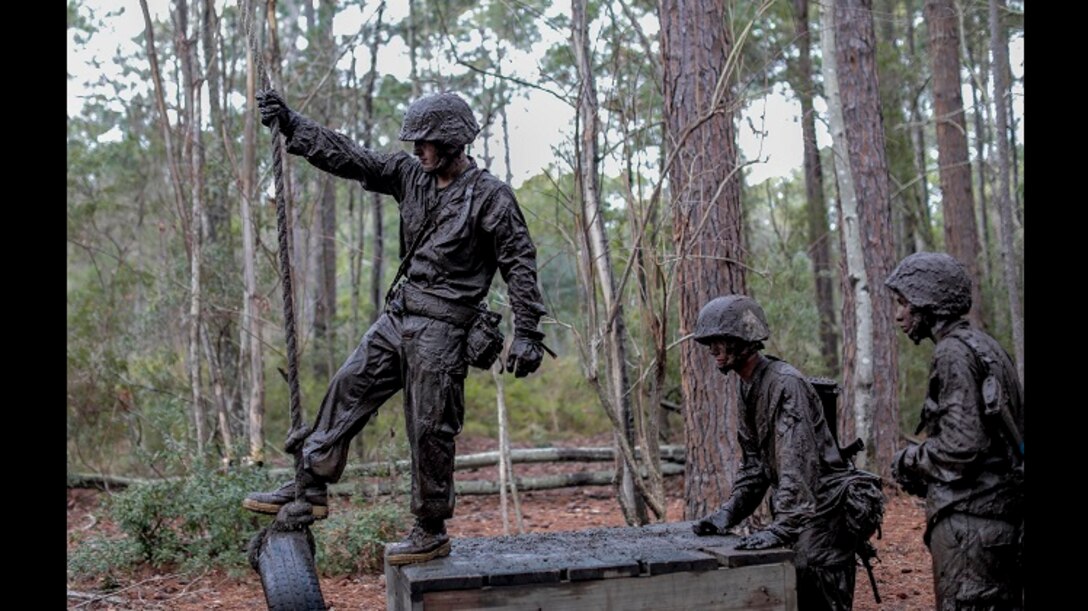 Recruits with Alpha Company, 1st Recruit Training Battalion, navigate through an obstacle course during the Crucible at Marine Corps Recruit Depot Parris Island, S.C., Jan. 24, 2020. The Crucible is the final culminating event before recruits become Marines. (U.S. Marine Corps photo by Lance Cpl. Godfrey Ampong)
