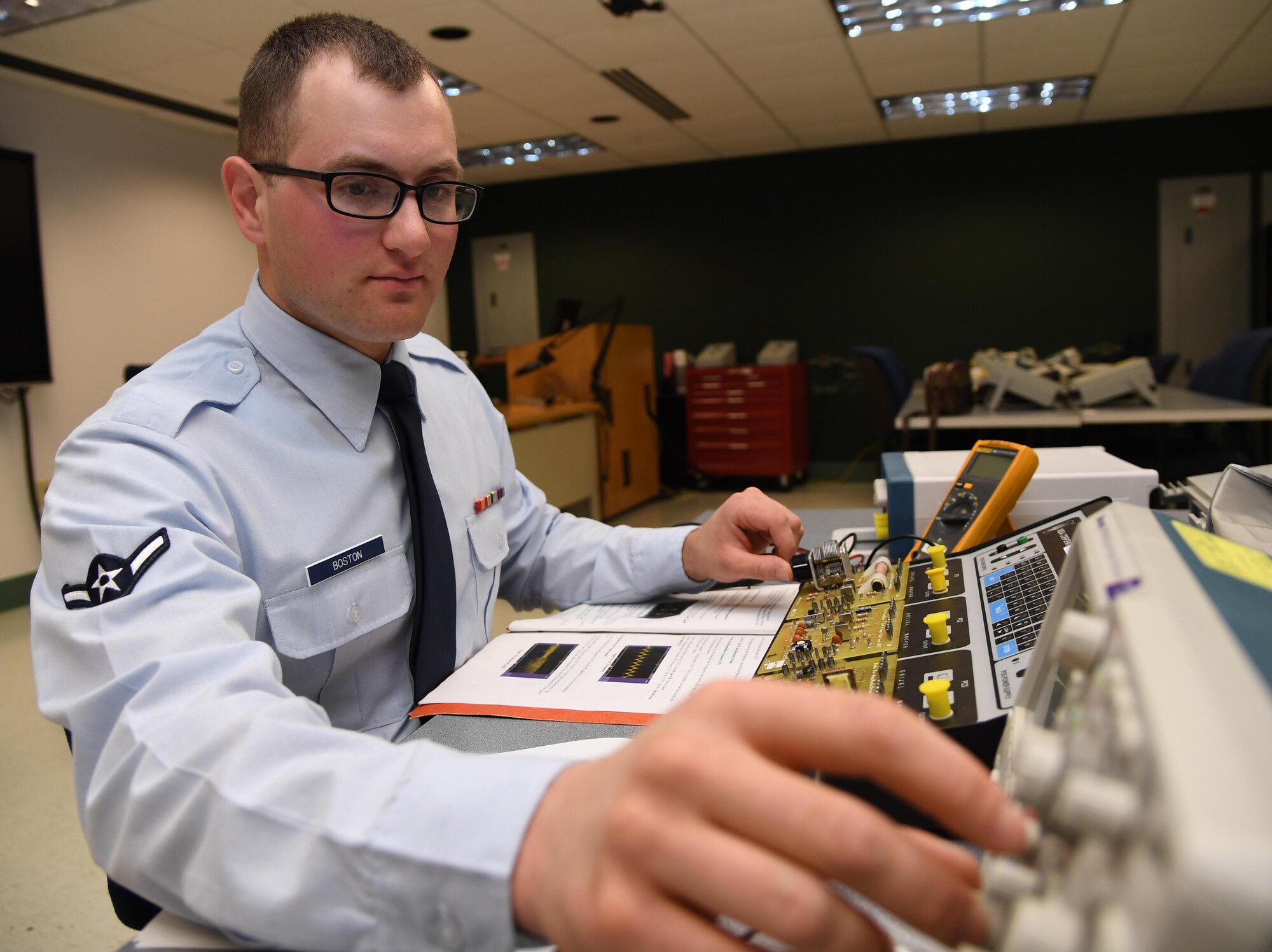 U.S. Air Force Airman Blanford Boston, 338th Training Squadron student, tests amplitude modulation circuits during the Cyber Space Support Common Course inside Dolan Hall at Keesler Air Force Base, Mississippi, Jan. 27, 2020. Boston graduated with perfect scores throughout the course. He will continue his follow-on training in the radio frequency transmission systems course at Keesler AFB. (U.S. Air Force photo by Kemberly Groue)