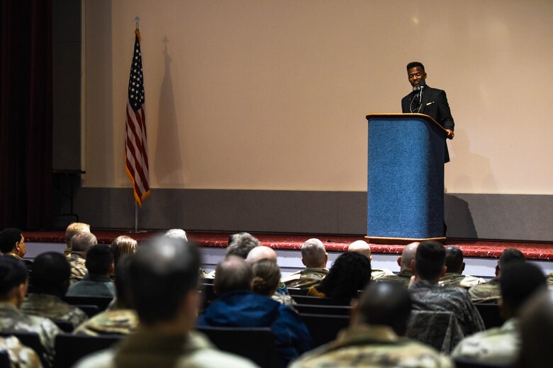 The Rev. Dr. Michael Monroe, event keynote speaker, delivers a speech to the audience for the Martin Luther King Jr. Day observance event in the McChord Theater on Joint Base Lewis-McChord, Wash., Jan. 24, 2020. The observance event for Martin Luther King Jr. Day was attended by both Airmen and Soldiers and was intended to reflect on the meaning of the holiday and Martin Luther King Jr.’s influence and relevance. (U.S. Air Force photo by Airman 1st Class Mikayla Heineck)
