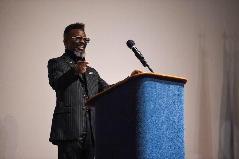Rev. Dr. Michael Monroe, the event keynote speaker, delivers a speech to the audience for the Martin Luther King Jr. Day oberservance event in the McChord Theater on Joint Base Lewis-McChord, Wash., Jan. 24, 2020. Monroe served in the U.S. Air Force for seven years before becoming liscenced and ordained in 1987. (U.S. Air Force photo by Airman 1st Class Mikayla Heineck)