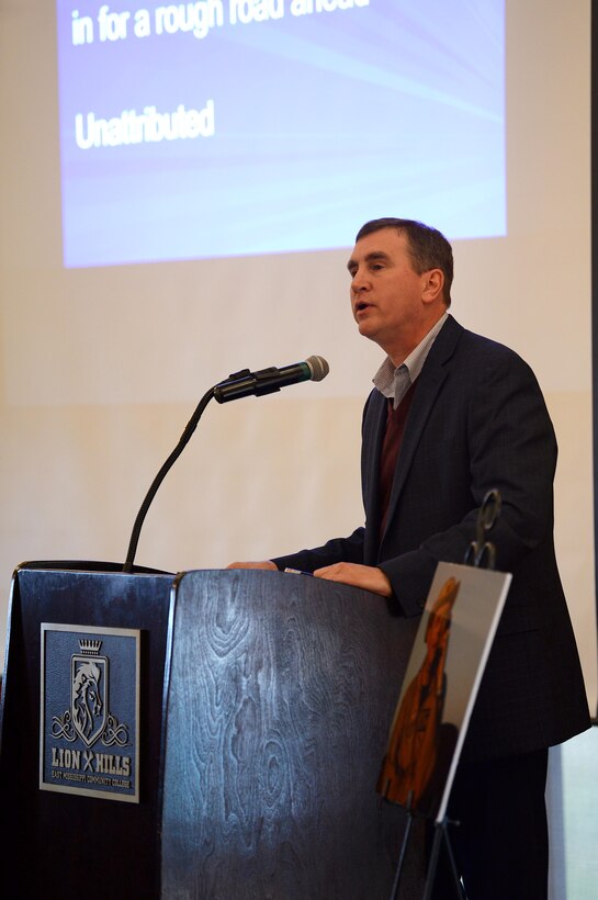 Retired Air force Col. Jay Fisher speaks during a Base Community Council luncheon Jan. 23, 2020, at the Lion Hills Center in Columbus, Miss. Fisher, who served 25 years in the Air Force, now works with Renasant Bank in Starkville, Miss., spoke on the disconnect between the military and the civilian world. (U.S. Air Force photo by Airman 1st Class Hannah Bean)