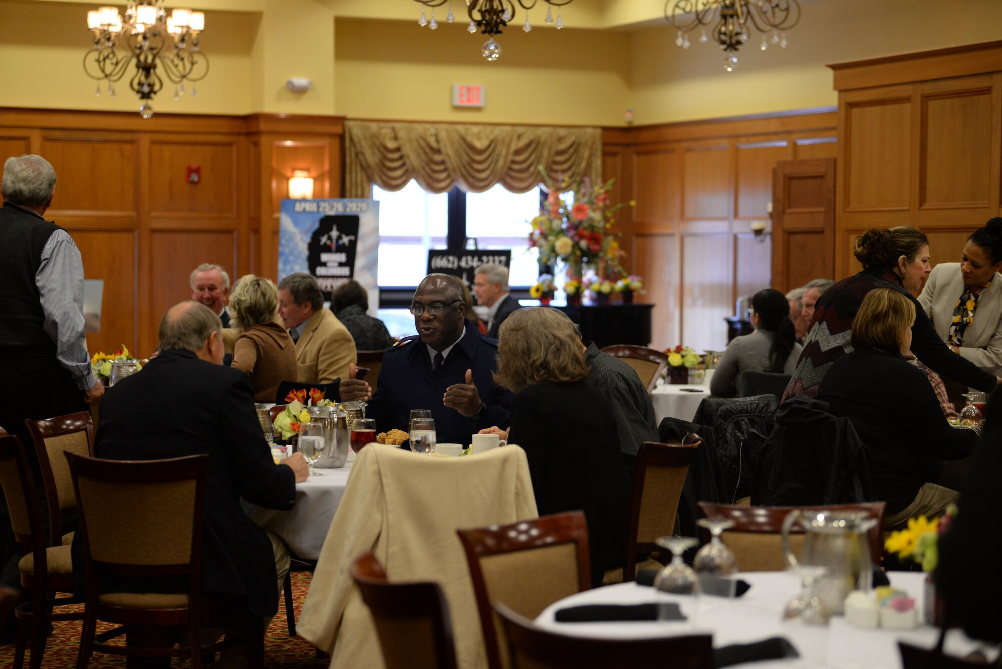 Members of the Base Community Council talk with each other during a BCC luncheon Jan. 23, 2020, at the Lion Hills Center in Columbus, Miss. The BCC has members from multiple backgrounds and industries, which enables different perspectives on business ideas and partnerships with the base. (U.S. Air Force photo by Airman 1st Class Hannah Bean)