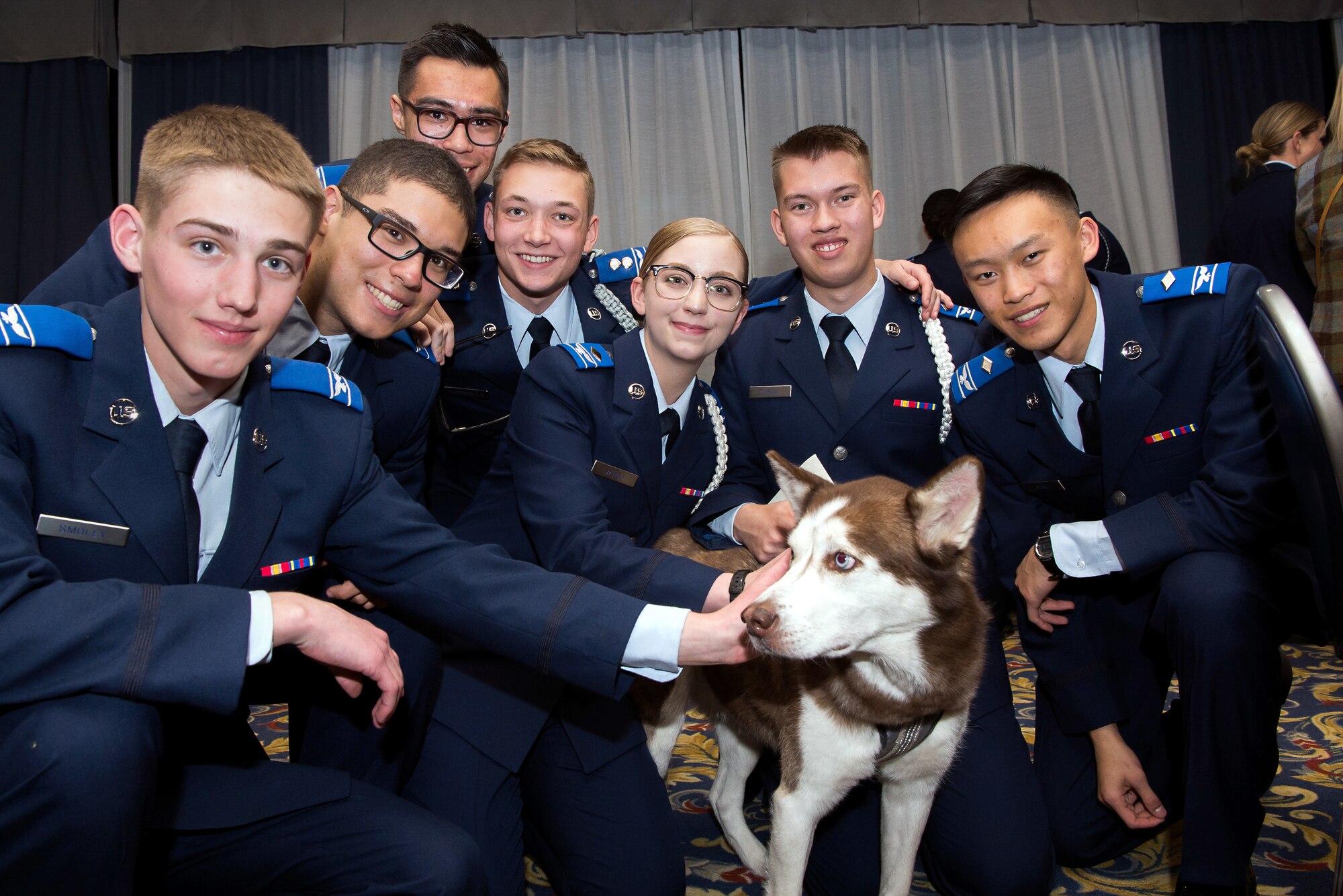 U.S. Air Force Academy Preparatory School cadet candidates pose with a husky they named “Tori” in honor of the late Capt. Victoria A. Pinckney, who they named as their 2020 Exemplar, in the Falcon Club at the U.S. Air Force Academy, Colo., Jan. 24, 2020. The Prep School’s mascot is a husky. Pinckney was a 2008 Academy graduate. (U.S. Air Force photo by Trevor Cokley)