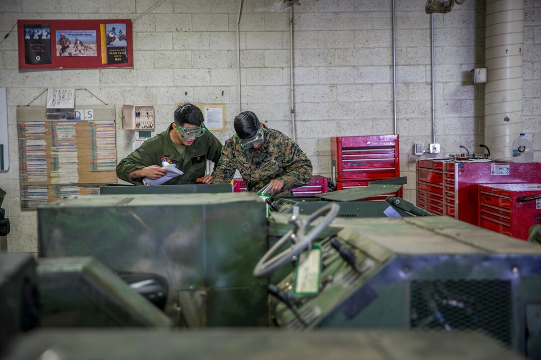 U.S. Marines with Marine Aviation Logistics Squadron (MALS) 13, marine aviation maintenance, conduct routine maintenance and inspections on gear and equipment on Marine Corps Air Station Yuma, Ariz., Nov. 20, 2019. MALS-13 is a tenant squadron aboard MCAS Yuma who's mission is to provide aviation support, guidance, and direction to the Marine Aircraft Group Squadrons. (U.S. Marine Corps photo by Lance Cpl John Hall)