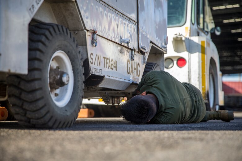 U.S. Marines with Marine Aviation Logistics Squadron (MALS) 13, marine aviation maintenance, conduct routine maintenance and inspections on gear and equipment on Marine Corps Air Station Yuma, Ariz., Nov. 20, 2019. MALS-13 is a tenant squadron aboard MCAS Yuma who's mission is to provide aviation support, guidance, and direction to the Marine Aircraft Group Squadrons. (U.S. Marine Corps photo by Lance Cpl John Hall)