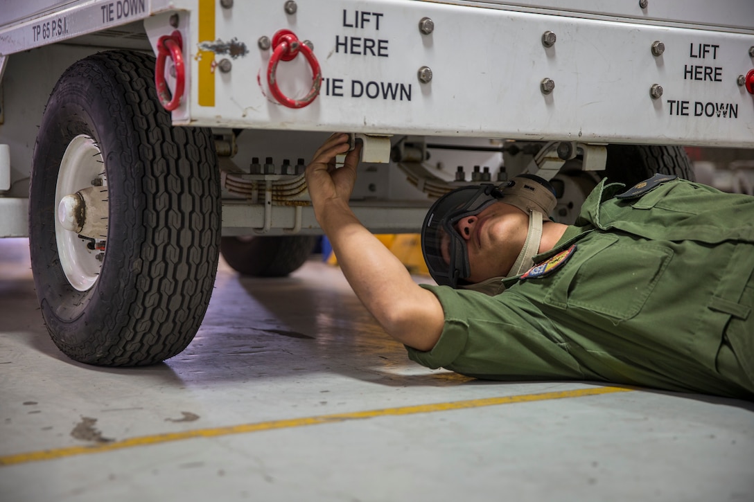 U.S. Marines with Marine Aviation Logistics Squadron (MALS) 13, marine aviation maintenance, conduct routine maintenance and inspections on gear and equipment on Marine Corps Air Station Yuma, Ariz., Nov. 20, 2019. MALS-13 is a tenant squadron aboard MCAS Yuma who's mission is to provide aviation support, guidance, and direction to the Marine Aircraft Group Squadrons. (U.S. Marine Corps photo by Lance Cpl John Hall)