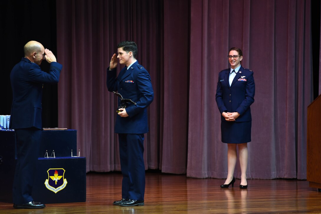 U.S. Air Force Gen. Mike Holmes, the commander of Air Combat Command, salutes 2nd Lt. Benjamin Gautier for earning the Air Education and Training Command Commander’s Trophy Jan. 24, 2020, on Columbus Air Force Base, Mississippi. The Air Education and Training Command Commander’s Trophy is awarded to student pilots for being the most outstanding students overall in their classes. (U.S. Air Force photo by Airman 1st Class Jake Jacobsen)